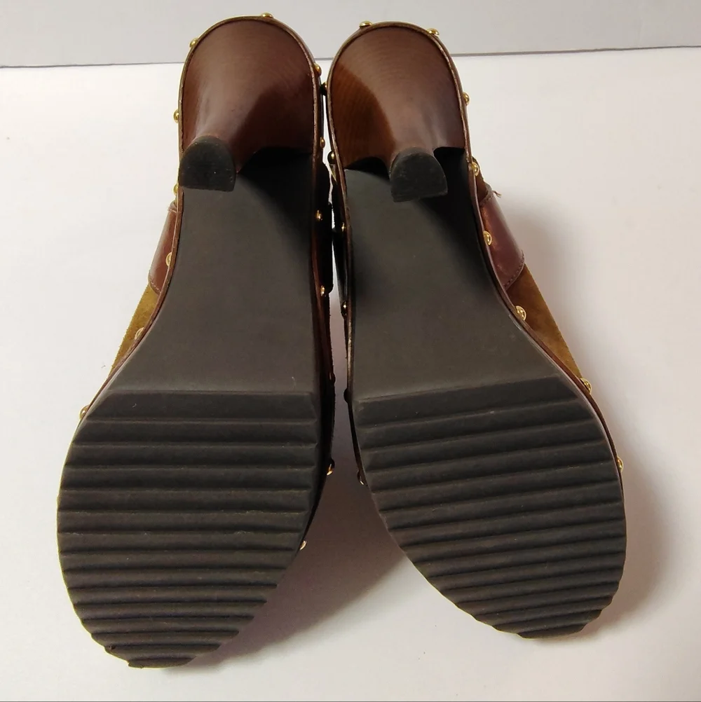 Tory Burch Women's Bilson Suede Ankle Closure Peep Toe Studded Pumps Brown 7.5